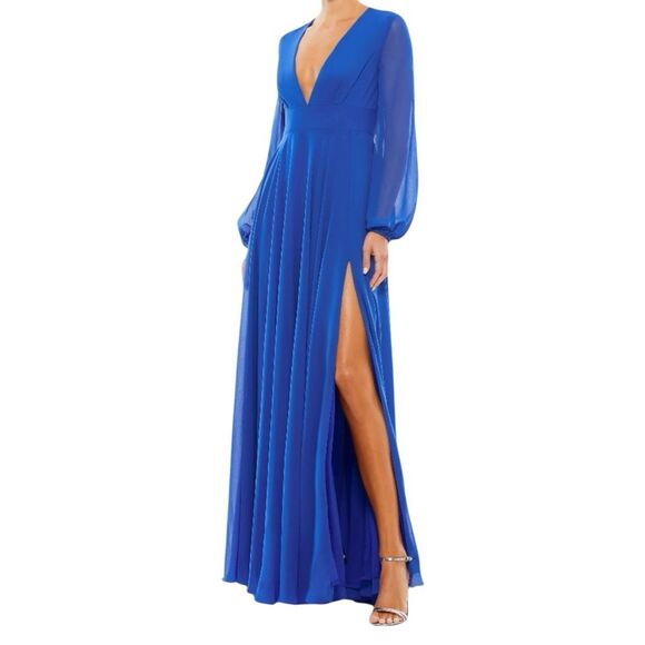 NEW Mac Duggal Royal Blue V-Neck Illusion Long Sleeve Chiffon Gown 20 - Picture 1 of 15